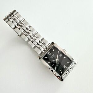 Citizen Silver Stainless Steel Men's Rectangular Watch with Black Dial